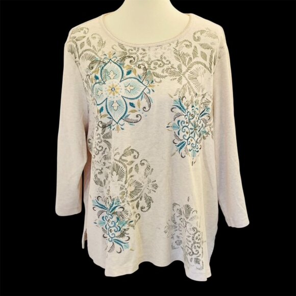 Alfred Dunner 3/4 Sleeve Top Sz 2X Blue Green Gold Embroidered Sequins Autumn - Picture 1 of 7